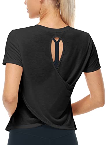 icyzone Damen Sport T-Shirt Kurzarm Yoga Top Leichte Fitness Shirt Sommer Lässig Oberteile (Black, XL) von icyzone