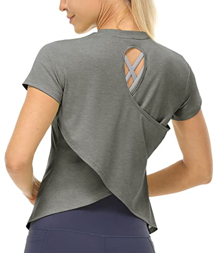 icyzone Damen Sport T-Shirt Kurzarm Yoga Top Leichte Fitness Shirt Sommer Lässig Oberteile (Grey, XL) von icyzone