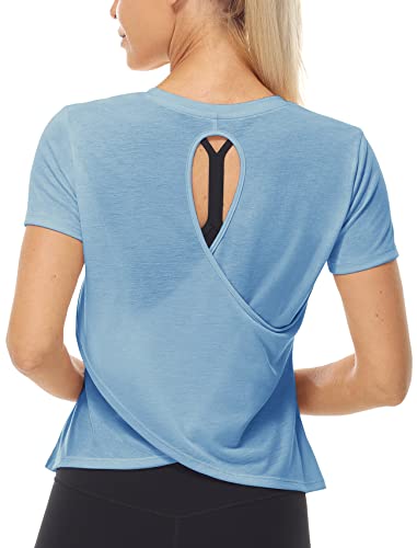 icyzone Damen Sport T-Shirt Kurzarm Yoga Top Leichte Fitness Shirt Sommer Lässig Oberteile (Sky Blue, L) von icyzone