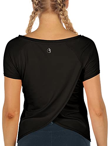 icyzone Damen Sport T-Shirt Kurzarm Yoga Top Schnell Trocken Elastisch Fitness Gym Oberteile (L, Black) von icyzone