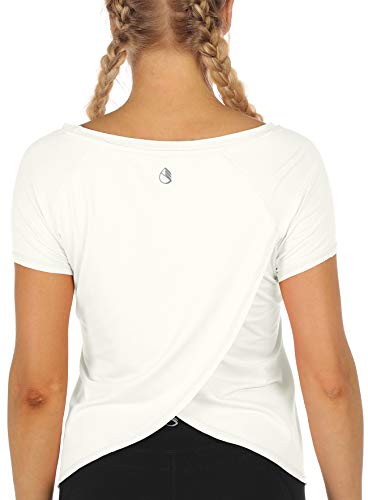 icyzone Damen Sport T-Shirt Kurzarm Yoga Top Schnell Trocken Elastisch Fitness Gym Oberteile (L, Off White) von icyzone