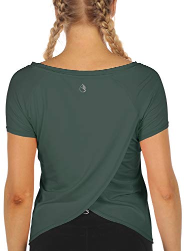 icyzone Damen Sport T-Shirt Kurzarm Yoga Top Schnell Trocken Elastisch Fitness Gym Oberteile (L, Smoke Pine) von icyzone