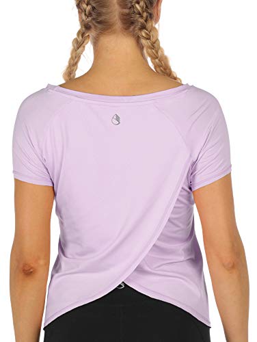 icyzone Damen Sport T-Shirt Kurzarm Yoga Top Schnell Trocken Elastisch Fitness Gym Oberteile (XL, Lilac) von icyzone