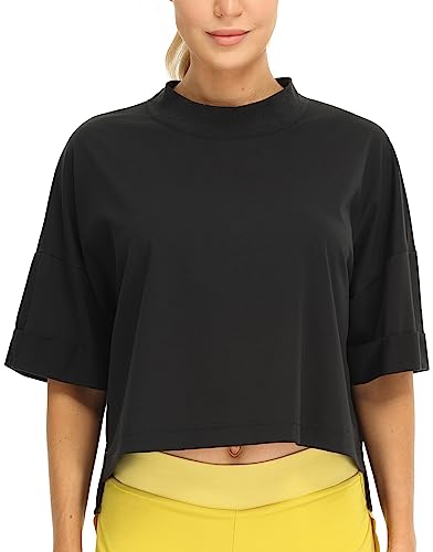 icyzone Damen Sport T-Shirt Locker Gym Yoga Crop Top Baumwolle Fitness Casual Oberteile Kurzarm Shirt (Black, L) von icyzone