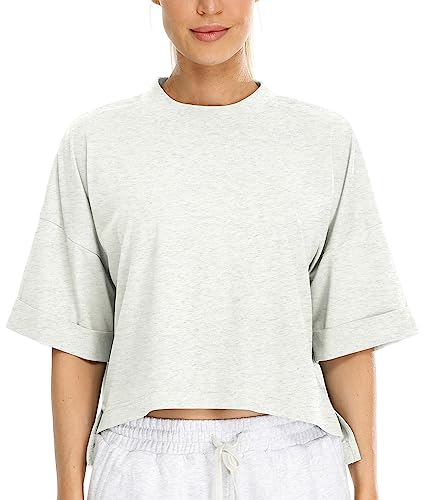 icyzone Damen Sport T-Shirt Locker Gym Yoga Crop Top Baumwolle Fitness Casual Oberteile Kurzarm Shirt (Light Grey, S) von icyzone