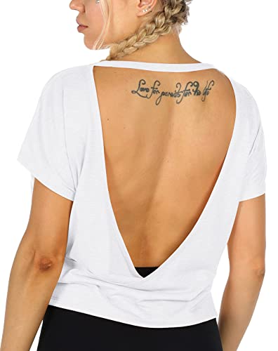 icyzone Damen Sport T-Shirt Rückenfrei Fitness Kurzarm Shirt Loose Casual Oberteile Yoga Gym Top (L, White) von icyzone