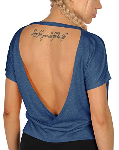 icyzone Damen Sport T-Shirt Rückenfrei Kurzarm Shirt Loose Casual Oberteile Yoga Top (L, Denim Blau) von icyzone