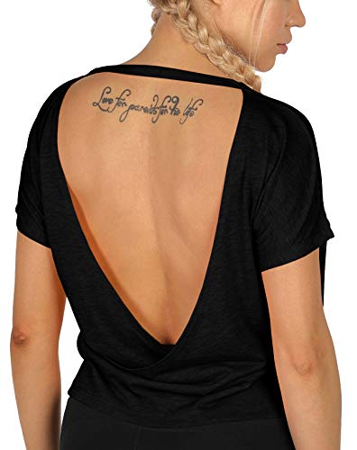 icyzone Damen Sport T-Shirt Rückenfrei Kurzarm Shirt Loose Casual Oberteile Yoga Top (L, Schwarz) von icyzone