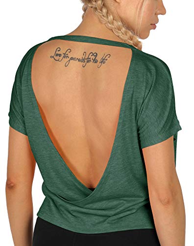 icyzone Damen Sport T-Shirt Rückenfrei Kurzarm Shirt Loose Casual Oberteile Yoga Top (S, Dunkelgrün) von icyzone