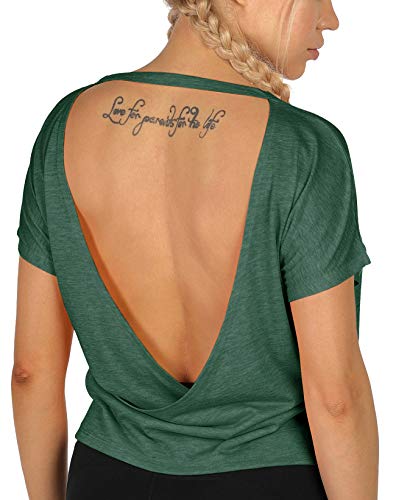 icyzone Damen Sport T-Shirt Rückenfrei Kurzarm Shirt Loose Casual Oberteile Yoga Top (XL, Dunkelgrün) von icyzone