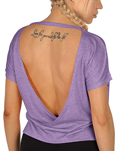 icyzone Damen Sport T-Shirt Rückenfrei Kurzarm Shirt Loose Casual Oberteile Yoga Top (XL, Lavendel) von icyzone