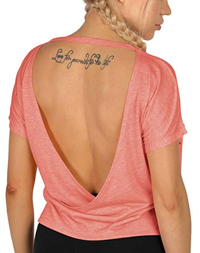 icyzone Damen Sport T-Shirt Rückenfrei Kurzarm Shirt Loose Casual Oberteile Yoga Top (XL, Rosa) von icyzone