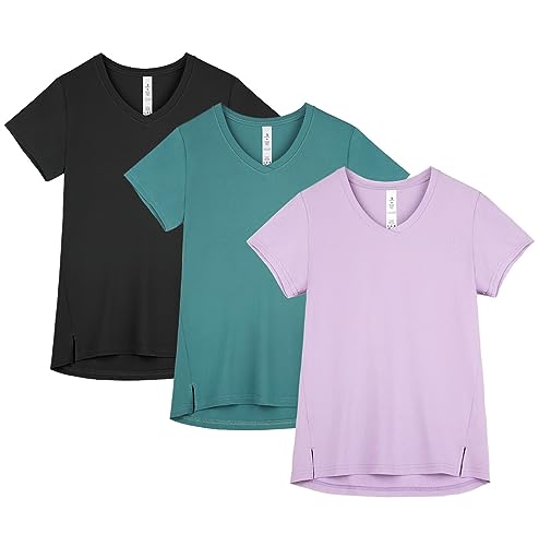 icyzone Damen Sport T-Shirt V-Ausschnitt Fitness Kurzarm Shirt Laufshirt Gym Yoga Top Funktionsshirt, 3er Pack (Black/Green Jasper/Lilac, S) von icyzone