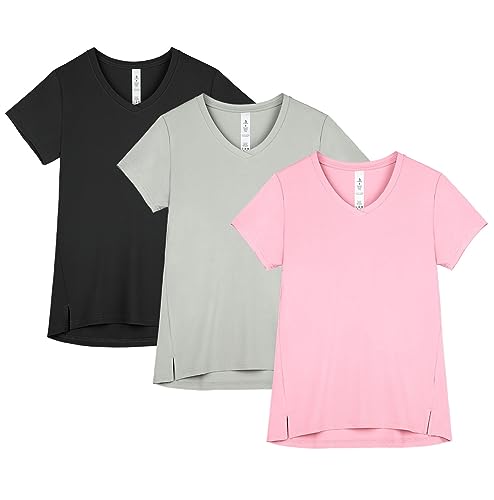 icyzone Damen Sport T-Shirt V-Ausschnitt Fitness Kurzarm Shirt Laufshirt Gym Yoga Top Funktionsshirt, 3er Pack (Black/Natural Grey/Rose Pink, M) von icyzone