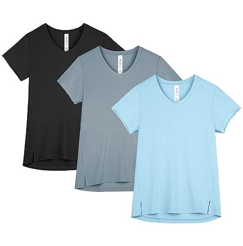 icyzone Damen Sport T-Shirt V-Ausschnitt Fitness Kurzarm Shirt Laufshirt Gym Yoga Top Funktionsshirt, 3er Pack (Black/Smoky Blue/Baby Blue, L) von icyzone