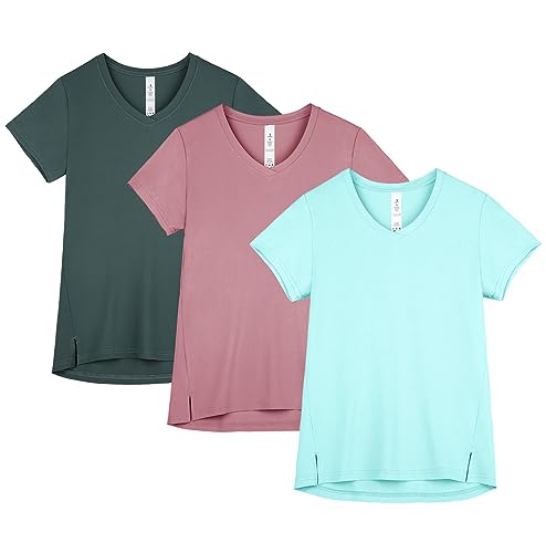 icyzone Damen Sport T-Shirt V-Ausschnitt Fitness Kurzarm Shirt Laufshirt Gym Yoga Top Funktionsshirt, 3er Pack (Dark Teal/Mauve/Aqua, L) von icyzone