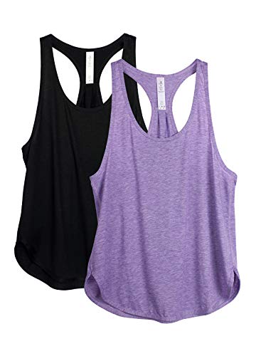 icyzone Damen Sport Tank Top Ärmelloses Leichte Yoga Shirt Fitness Oberteile Locker, 2er Pack (L, Black*/Lavender*) von icyzone