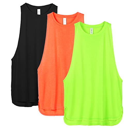 icyzone Damen Sport Tank Top Locker - Yoga Fitness Shirt Atmungsaktive Laufshirt Sport Gym Oberteile, 3er Pack (L, Black/Neon Green/Neon Orange) von icyzone