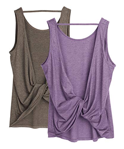 icyzone Damen Sport Tank Top Rückenfrei, Fitness Yoga Shirt Ärmellose Gym Sport Oberteil, 2er Pack (L, Mushroom*/Lavender*) von icyzone