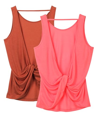 icyzone Damen Sport Tank Top Rückenfrei, Fitness Yoga Shirt Ärmellose Gym Sport Oberteil, 2er Pack (XL, Dusty Orange*/Neon Pink*) von icyzone