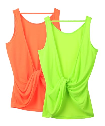 icyzone Damen Sport Tank Top Rückenfrei, Fitness Yoga Shirt Ärmellose Gym Sport Oberteil, 2er Pack (XL, Neon Orange*/Neon Green*) von icyzone