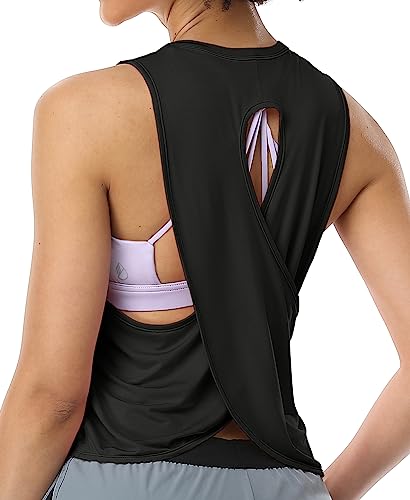 icyzone Damen Sport Tank Tops Cross Back Yoga Shirt Gym Training Locker Shirt Fitness Oberteile (L, Black) von icyzone