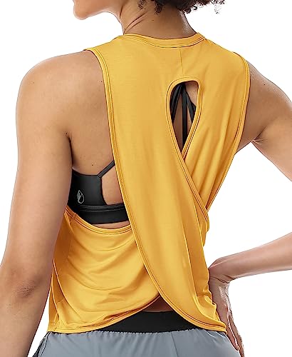 icyzone Damen Sport Tank Tops Cross Back Yoga Shirt Gym Training Locker Shirt Fitness Oberteile (M, Dandelion) von icyzone