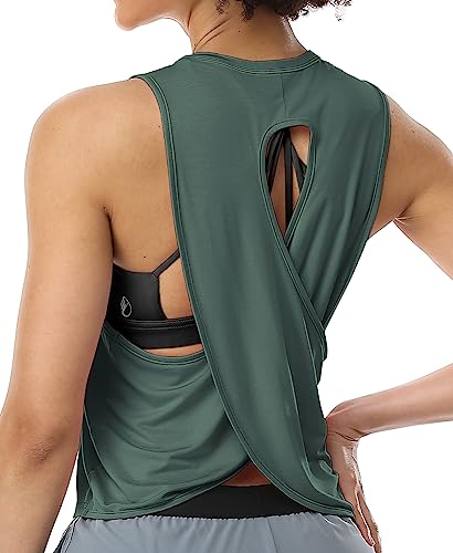 icyzone Damen Sport Tank Tops Cross Back Yoga Shirt Gym Training Locker Shirt Fitness Oberteile (M, Sea Pine) von icyzone