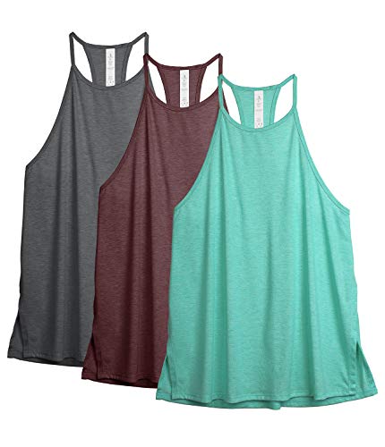 icyzone Damen Sport Tank Tops Racerback Yoga Top Ärmelloses Leichte Fitness Shirt, 3er Pack (L, Dunkelgrau/Burgund/Leuchtend Grün) von icyzone