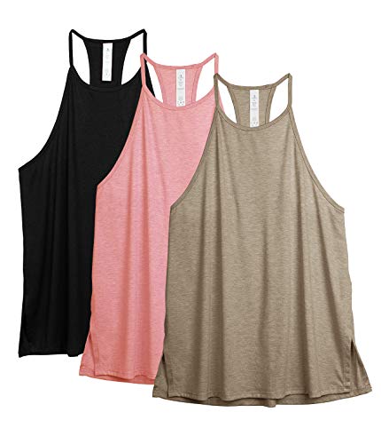 icyzone Damen Sport Tank Tops Racerback Yoga Top Ärmelloses Leichte Fitness Shirt, 3er Pack (L, Schwarz/Khaki/Pink) von icyzone