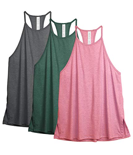 icyzone Damen Sport Tank Tops Racerback Yoga Top Ärmelloses Leichte Fitness Shirt, 3er Pack (M, Dunkelgrün/Dunkelgrau/Rosa) von icyzone