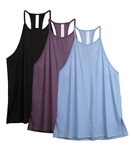 icyzone Damen Sport Tank Tops Racerback Yoga Top Ärmelloses Leichte Fitness Shirt, 3er Pack (M, Schwarz/Traube/Hellblau) von icyzone