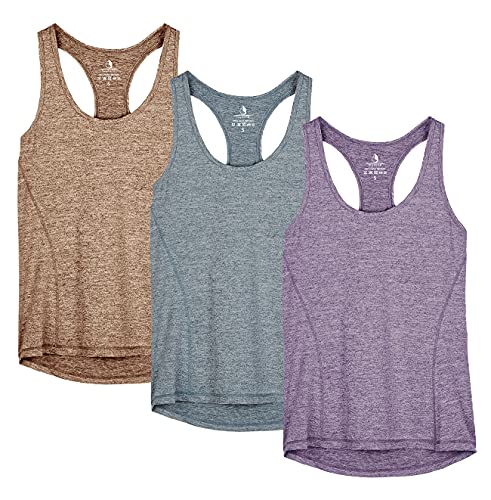 icyzone Damen Sport Top Fitness Yoga Shirt Ringerrücken atmungsaktives Sportoberteile Funktionsshirt Gym Tanktop, 3er Pack (L, Henna/Twilight Purple/Navy) von icyzone