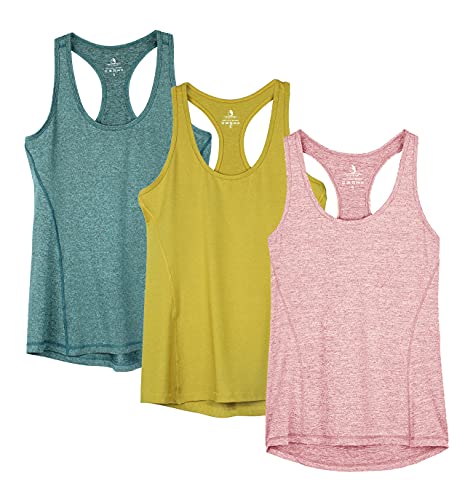 icyzone Damen Sport Top Fitness Yoga Shirt Ringerrücken atmungsaktives Sportoberteile Funktionsshirt Gym Tanktop, 3er Pack (L, Mustard/Lilac Snow/Teal) von icyzone