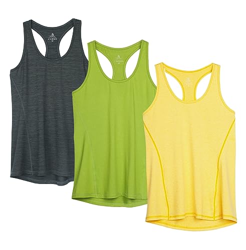 icyzone Damen Sport Top Fitness Yoga Shirt Ringerrücken atmungsaktives Sportoberteile Funktionsshirt Gym Tanktop, 3er Pack (M, Ombre Blue/Spectra Yellow/Green Glow) von icyzone