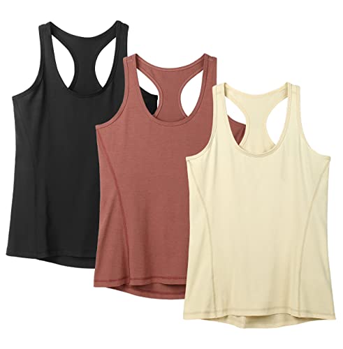 icyzone Damen Sport Top Fitness Yoga Shirt Ringerrücken atmungsaktives Sportoberteile Funktionsshirt Gym Tanktop, 3er Pack (S, Black/Cream White/Brick) von icyzone