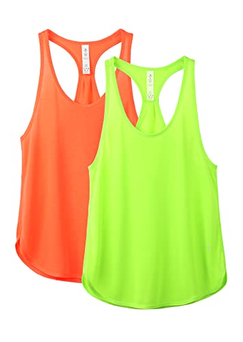 icyzone Damen Sport Top Locker Fitness Yoga Shirt Racerback Tank Tops Sport Oberteile, 2er Pack (L, Neon Green/Neon Orange) von icyzone