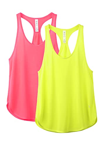 icyzone Damen Sport Top Locker Fitness Yoga Shirt Racerback Tank Tops Sport Oberteile, 2er Pack (L, Neon Pink/Neon Yellow) von icyzone