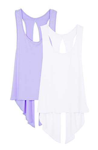 icyzone Damen Sport Top Rückenfrei Fitness Yoga Shirt Ärmellos Sport Oberteile, 2er Pack (L, White/Lilac) von icyzone