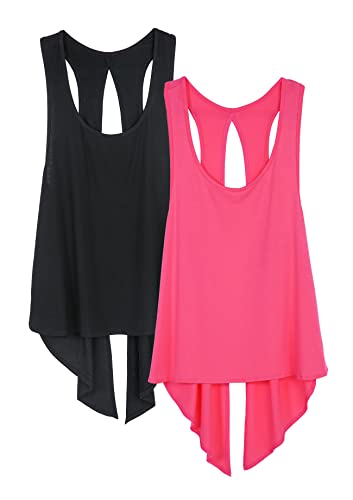 icyzone Damen Sport Top Rückenfrei Fitness Yoga Shirt Ärmellos Sport Oberteile, 2er Pack (XL, Black/Pink Lychee) von icyzone