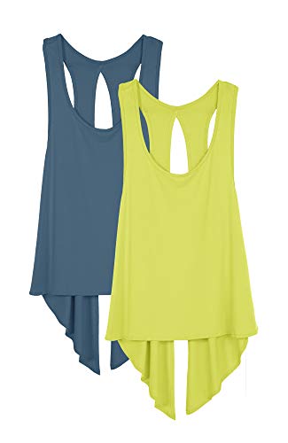 icyzone Damen Sport Top Rückenfrei Fitness Yoga Shirt Ärmellos Sport Oberteile, 2er Pack (XL, Harbor Blue/Mustard) von icyzone