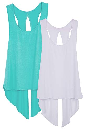 icyzone Damen Sport Top Rückenfrei Fitness Yoga Shirt Ärmellos Sport Oberteile, 2er Pack (XL, Pool Blue/White) von icyzone