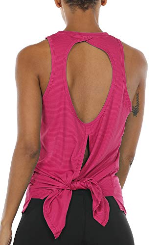 icyzone Damen Sport Top Yoga Fitness Shirt Rückenfrei Oberteil Atmungsaktive Laufshirt (M, Rose Red) von icyzone