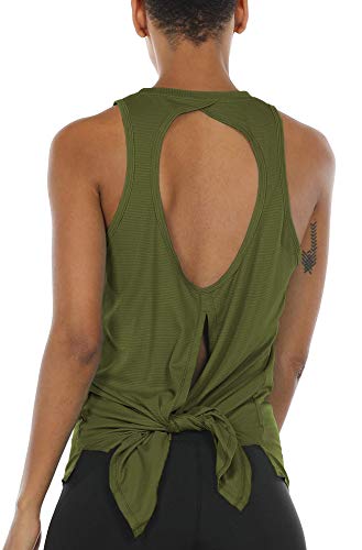 icyzone Damen Sport Top Yoga Fitness Shirt Rückenfrei Oberteil Atmungsaktive Laufshirt (S, Olive) von icyzone