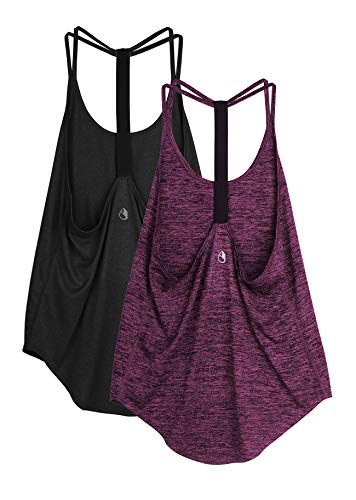 icyzone Damen Sport Top ärmellos Yoga Shirt Strappy Training Fitness Tank Top Gym Oberteile, 2er Pack (L, Black/Red Bud) von icyzone