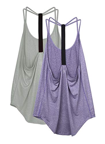 icyzone Damen Sport Top ärmellos Yoga Shirt Strappy Training Fitness Tank Top Gym Oberteile, 2er Pack (L, Grey/Violet) von icyzone