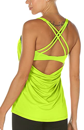 icyzone Damen Sport Top mit BH - 2 in 1 Fitness Yoga Shirt Cross Back Gym Training Tank Top (L, Neon Yellow) von icyzone