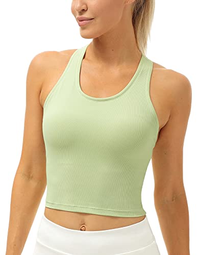 icyzone Damen Sport Top mit Integriertem BH, Yoga Crooped Shirt Geripptes Racerback Tank Top (L, Pastel Green) von icyzone