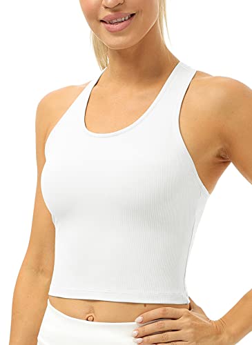 icyzone Damen Sport Top mit Integriertem BH, Yoga Crooped Shirt Geripptes Racerback Tank Top (L, White) von icyzone