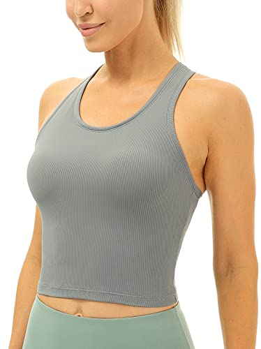 icyzone Damen Sport Top mit Integriertem BH, Yoga Cropped Shirt Geripptes Racerback Gym Tank Top (M, Grey) von icyzone